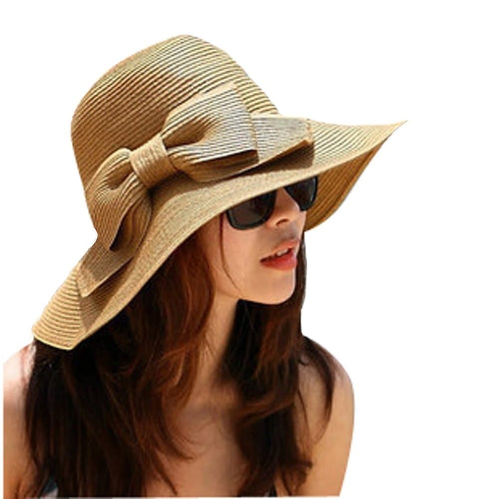 GODHL Bowknot Beach Sun Visor Foldable Wide Brim Straw Hat Cap for ladies Light Coffee