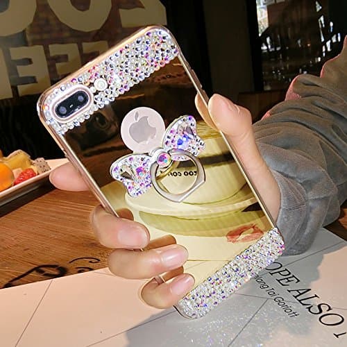 iPhone 6 Plus Case, Aimell Luxury Pearl Rhinestone Soft Rubber Bumper Bling Glitter Mirror Makeup Case Cover with Removable Diamond Bowknot Ring Stand Holder (Gold)