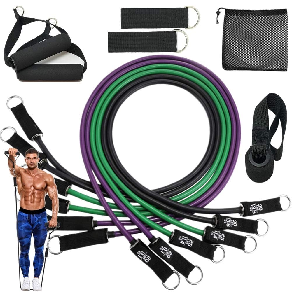 homtuzan Resistance Bands Set with 6 Stackable Exercise Bands Handles Carry Bag Door Anchor Ankle Straps Guide Book for Resistance Training Physical Therapy Home Workouts Yoga 150 LBS