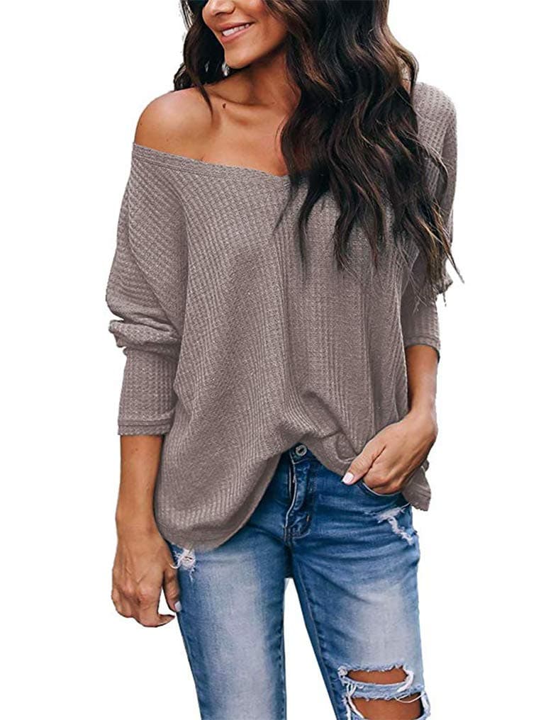 Women's Casual V-Neck Off Shoulder Batwing Sleeve Pullover Waffle Knit Blouse Loose Top Shirt