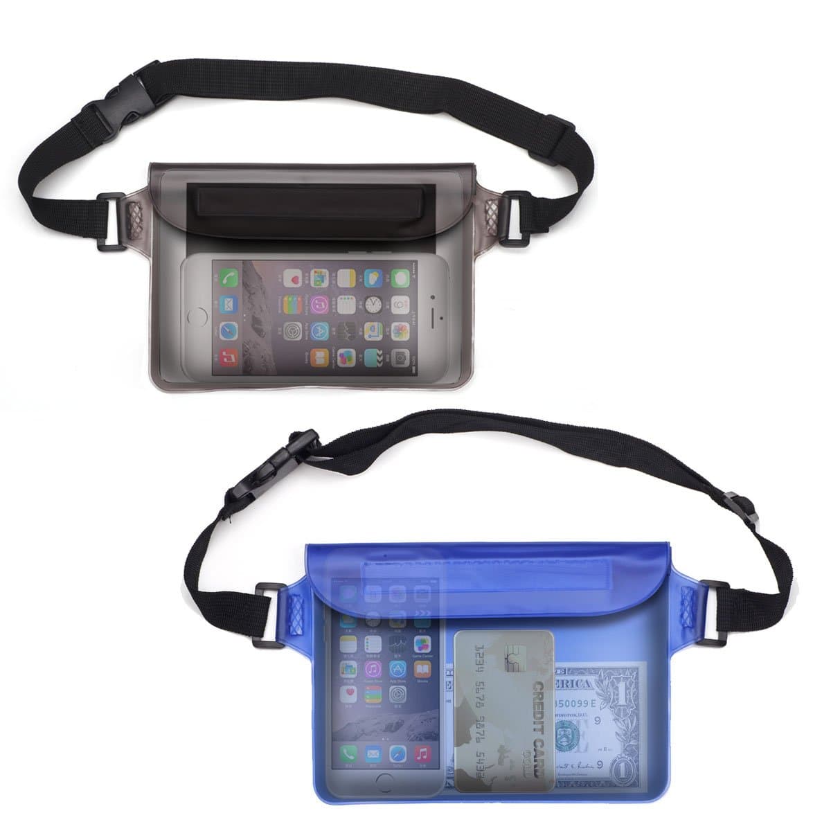 RIXOW Waterproof Pouch Waterproof Case Bag with Adjustable Waist Strap for Beach, Swim, Boating, Kayaking, Hiking,Black & Blue [2 Pack]