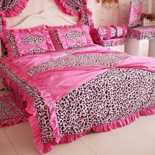 DIAIDI Home Textile,Red Pink Leopard Bedding,Princess Bow Ruffle Bedding Set,Leopard Print Bedding Set,Twin/Full/Queen/King,4Pcs Bedroom Set (Pink, 5ft bed)