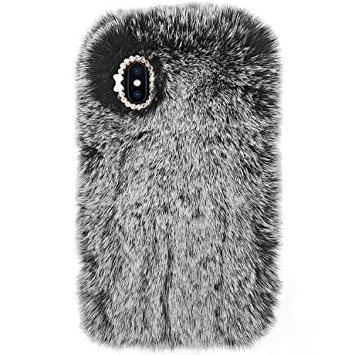 iPhone x Case, Kinbling iPhone10 Bling Case Slim Fit Bling Diamond Luxury Winter Soft Warm Faux Rabbit Fur Fuzzy Plush with Crystal Cute Protective Furry Back Cover for Apple iPhone 10 - Gray