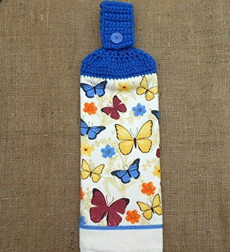 Butterfly Double Sided Hanging Kitchen Towel With A Blue Crocheted Top