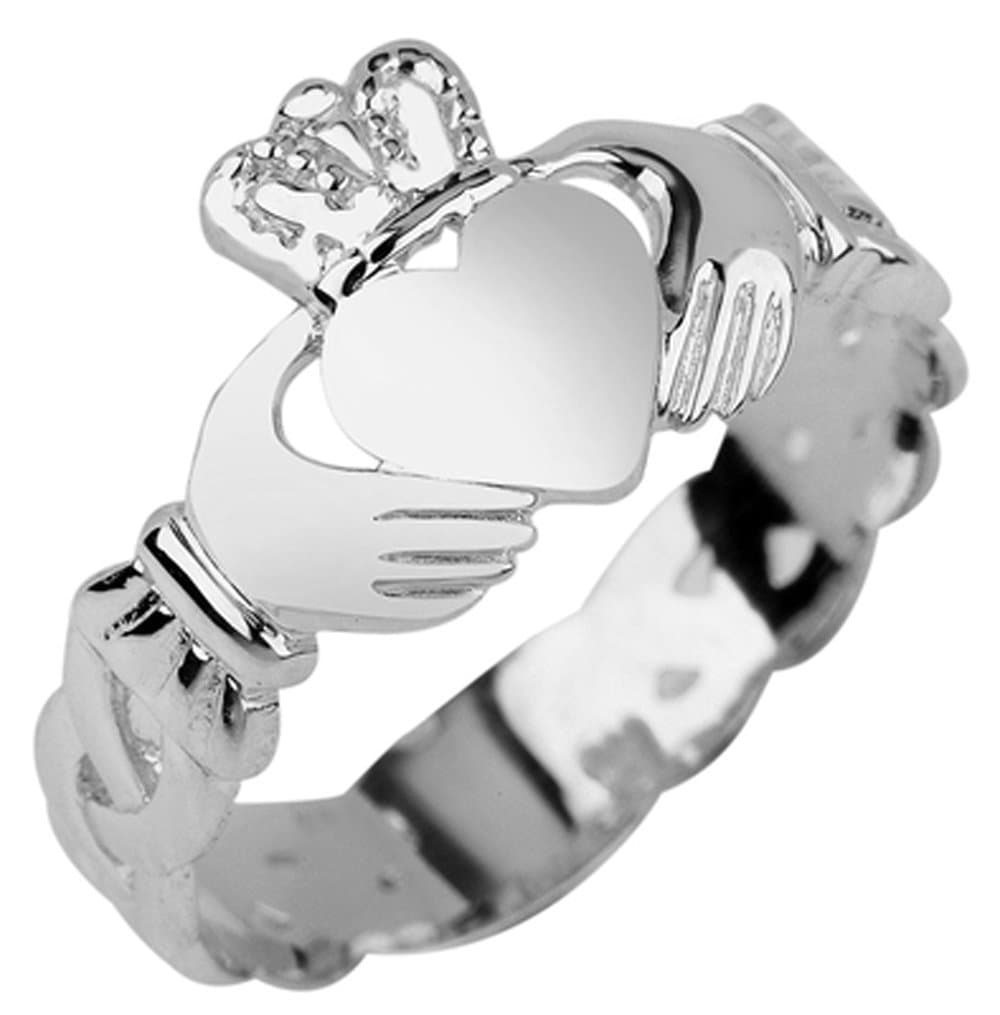 Ladies 14k White Gold Claddagh Ring with Trinity Band