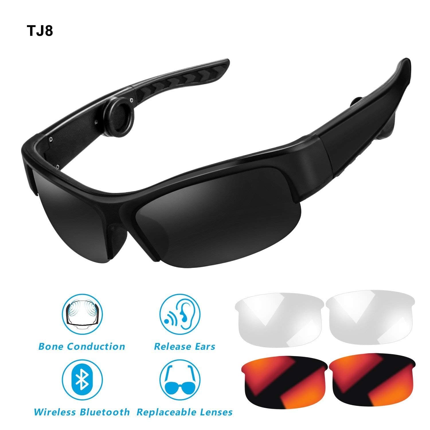 Bone Conduction Headphones Sunglasses,TJ8 Bone-Conducting Wireless Bluetooth Headset Polarized Glasses with Mic for Drivers,Outdoor Activities (B)
