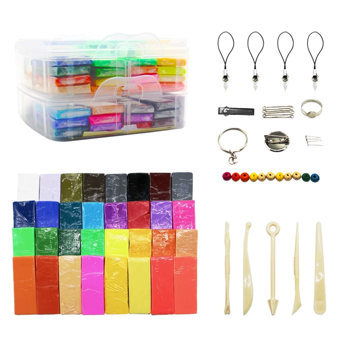 DIY Colored Polymer Clay 32 Color Creative Street Model Clay Soft Molded Oven Baking Clay Kit, w/Storage Box, Tools and Accessories 750GR