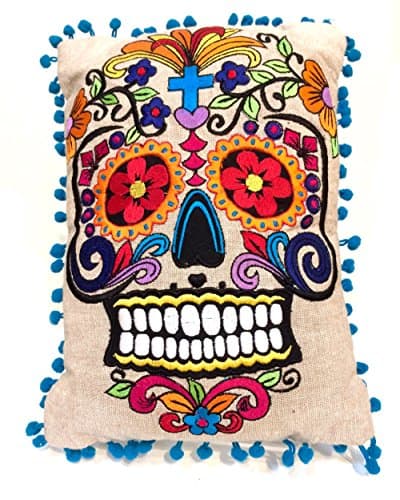 Indigo Desert Ranch - Day of the Dead Rectangular Embroidered on Linen Sugar Skull Pillow With Pom Pom Border