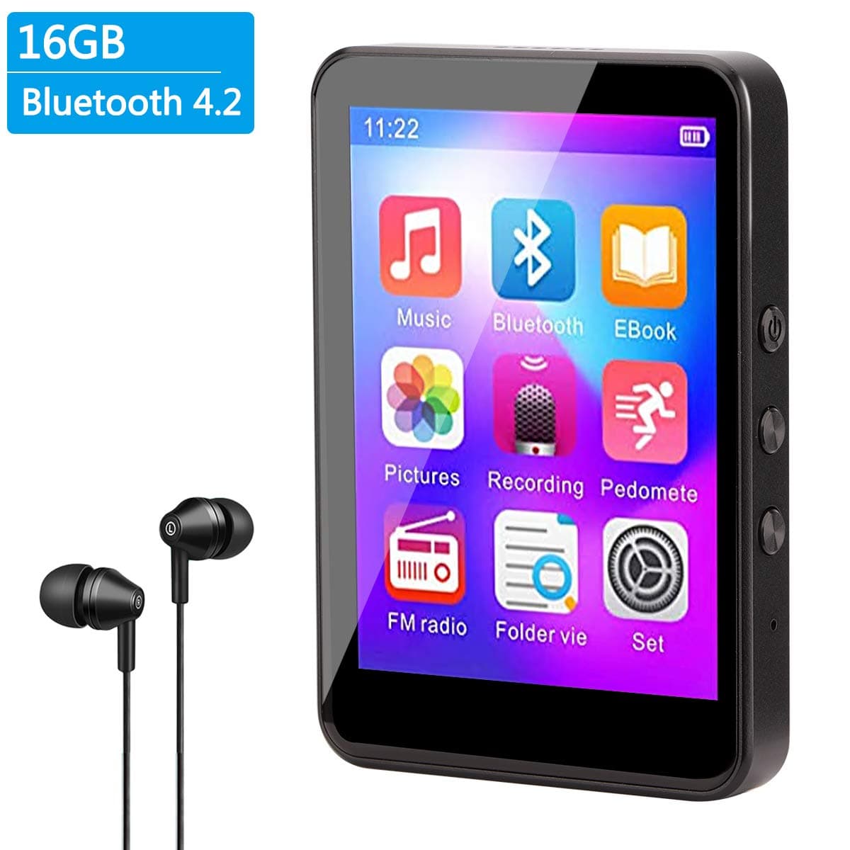 MP3 Player, Aomago 16GB MP3 Player with Bluetooth 4.2 Upgrade 2.8'' Touch Screen HiFi Lossless Sound Portable MP3 Music Player with FM Radio, Voice Recorder, E-Book, 128GB TF Card, Pedometer