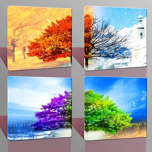 LYGLO Canvas Prints- 4 Seasons Tree Modern Stretched and Framed, Paintings on Canvas Wall Art for Home and Office Decorations Ready to Hang (12x12inchx4pcs)