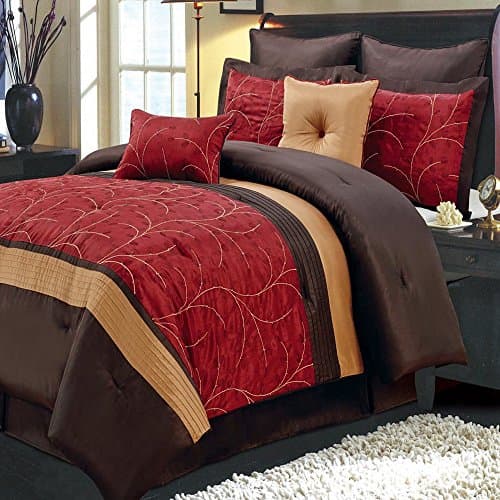 Comforter Set 8 Piece King Size (106x92) Luxury Complete Bed Set - with Shams Bed Skirt and Decorative Pillows - Modern Branches Vines Embroidered Pattern Oversized Bedding Red and Brown