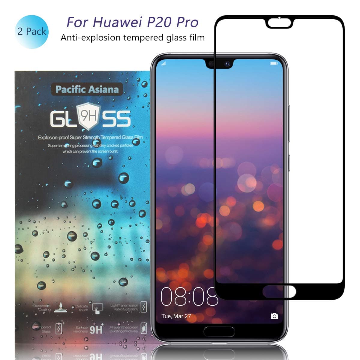 Pacific Asiana Screen Protector Compatible for Huawei P20 Pro, Ultra Thin HD Clear Ballistic [9H Hardness][Anti-Scratch][Bubble-Free][Case Friendly][Anti-Drop] Tempered Glass (2-Pack)