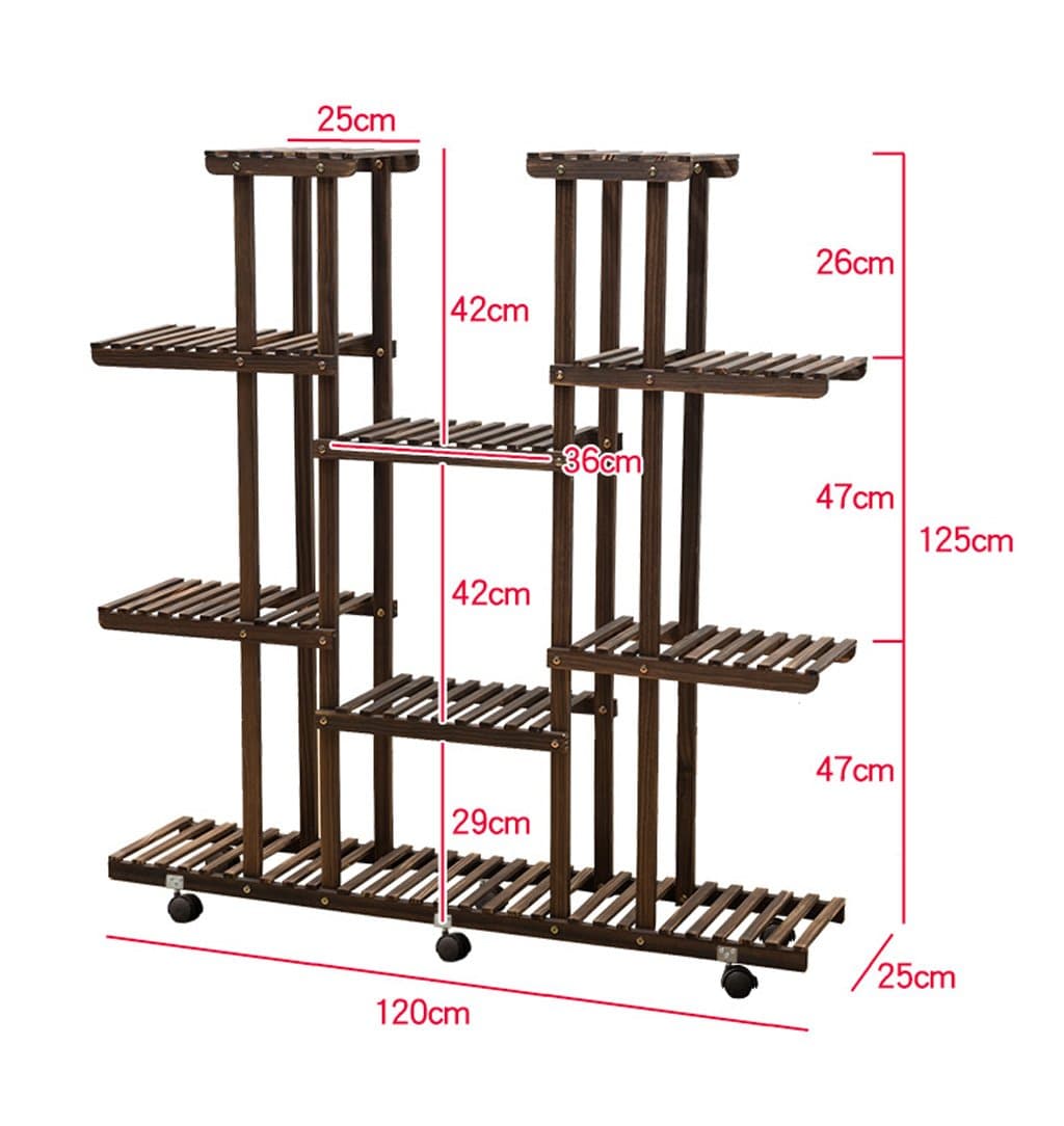 ZENGAI Solid Wood Flower Racks Multilayer Pulley Flower Pot Display Stand, 2 Colors, 47.2 Inches High (Color : Carbon burning, Size : With wheels)