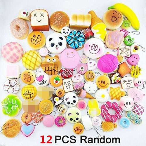 Sunplena Random 12pcs Kawaii Soft Foods Jumbo Medium Mini Soft Squishy Cake/Panda/Bread/Buns Phone Straps