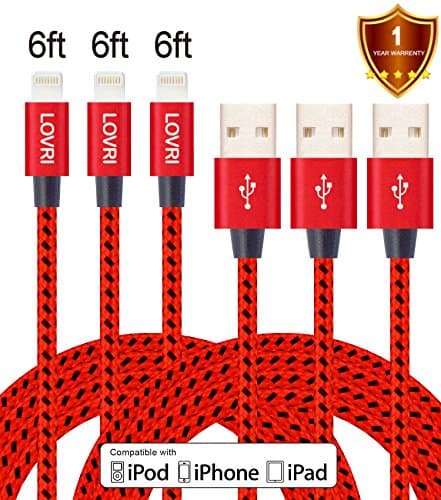 LOVRI 3Pack 6FT Nylon Braided 8 Pin Lightning to USB Cable Data Syncing Cord Compatible with iPhone 7/ 7 Plus/6/ 6 Plus/ 6s/ 6s Plus /5/5s/5c/SE/iPad/iPod/Beats Pill+ (red black)