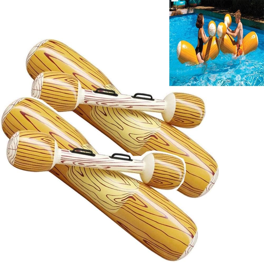 Inflatable joust set 4Pcs log wood grain float seat+ game stick Swimming floaty Raft Beach Toy for Kids and Adults 138 * 28cm