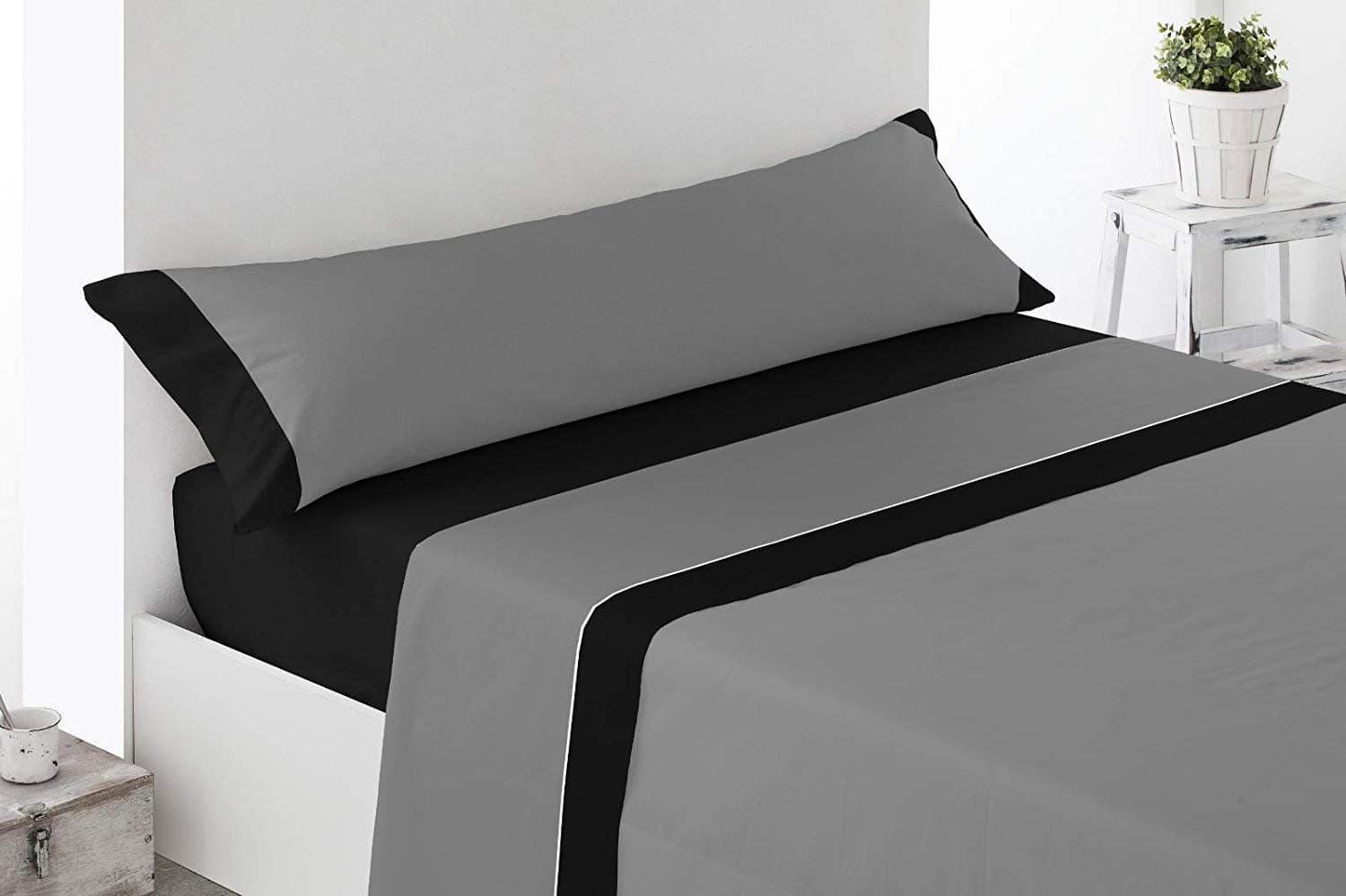 Sheet Set - Smooth black / grey summer weight; 3 pieces 150 x 190 cm – 200 cm Microfibre, fitted sheet, pillowcase and duvet cover