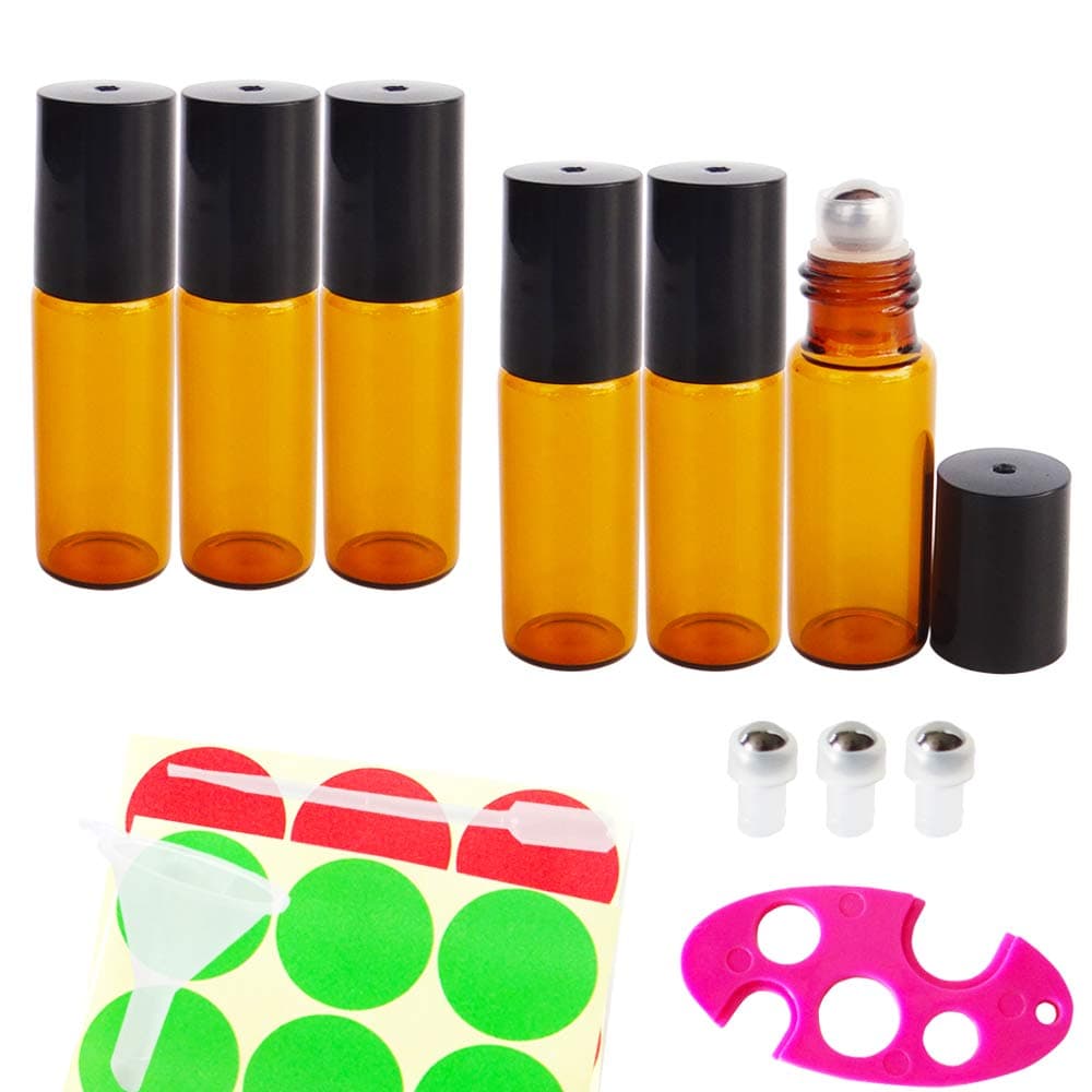 GreatforU 6pcs 5ml Amber Empty Glass Roller Bottles, Refillable Cosmetic Containers for Essential Oil Blends Perfume, w/FREE 0.5ml Dropper, Mini Funnel, Key Opener, Extra 3 Roll-on Balls, 12 Labels