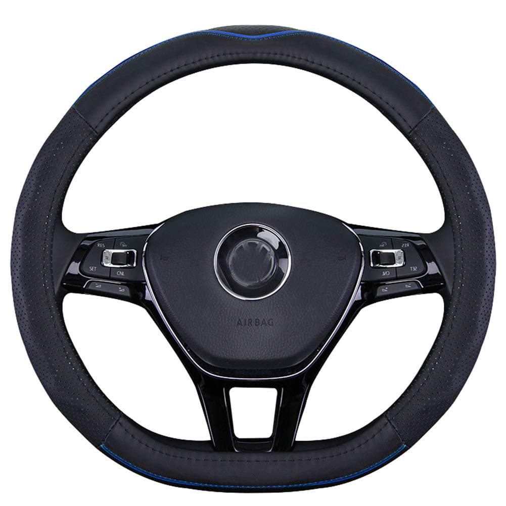 D Shaped Steering Wheel Cover,Cowhide Leather 3D Breathable Flat Bottom Shaped Steering Wheel Cover for Women Men 14.5In - 15In,Black,Blueline