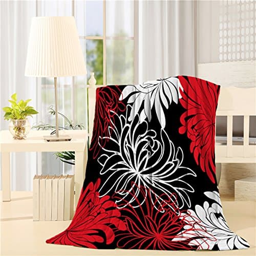 Bed Blanket 59 X 79 inch Dahlia Flower pattern white black red Comfort soft Air Conditioning Throw Blanket for Bedroom Living Rooms Sofa,oversized Travel Throw Cover