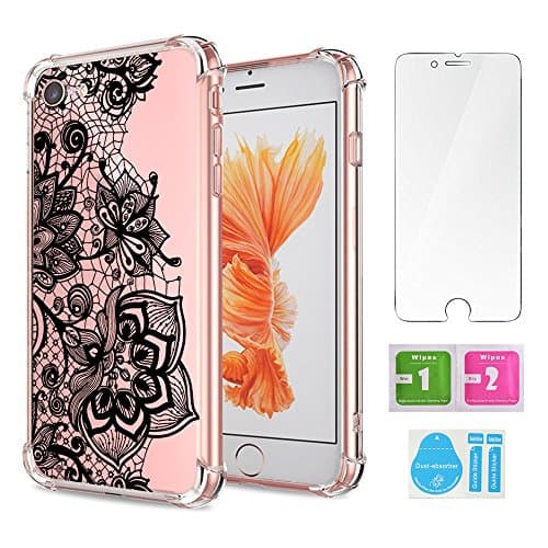 iPhone 7 Case Flower, Air Cushion Soft TPU Bumper Shockproof Slim Protective Case and Tempered Glass Screen Protector Clear with Art Lace Floral Design for Girls Henna Tattoo Cover for Apple iPhone 7