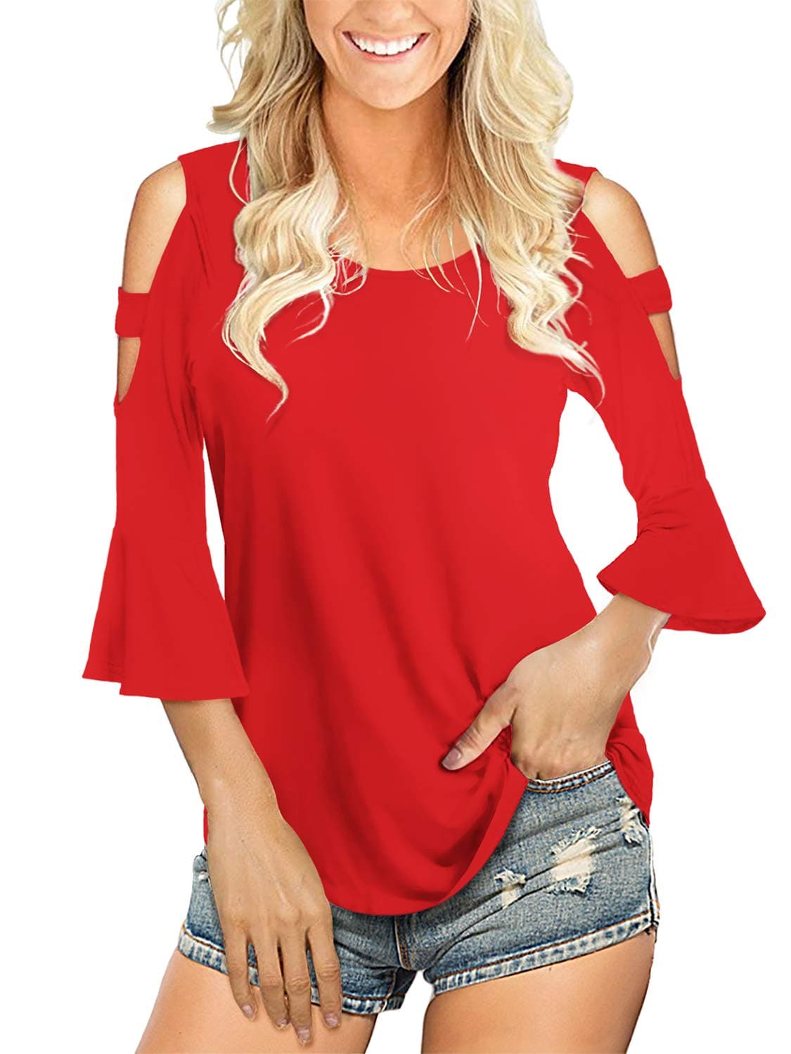 Florboom Womens Cold Shoulder Top Summer Basic T Shirts 3/4 Sleeve Casual Blouse Tshirts