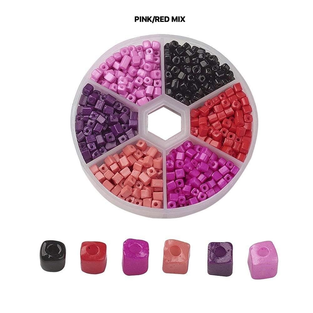 AMZ Beads - 1,000+ Mixed 6/0 (3-7mm) Assorted Square Cube Loose Spacer Seed Beads for Jewelry Making Craft DIY Projects Necklaces Bracelets - Includes Storage Container Case! (Pinks/Reds)