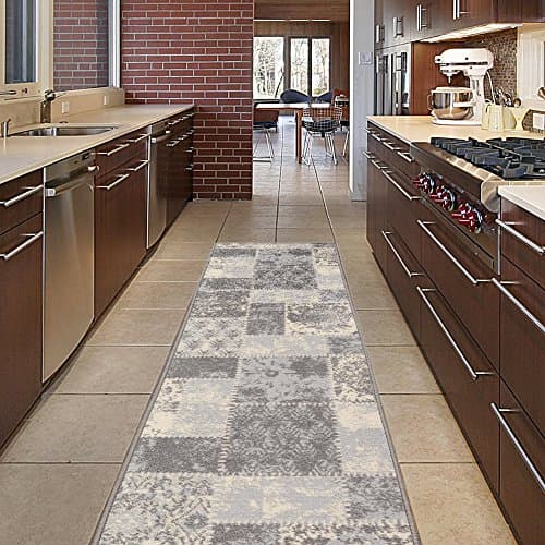 Diagona Designs Contemporary Patchwork Design Non-Slip Kitchen / Bathroom / Hallway Area Rug Runner, 20" W x 59 L, Grey / Beige