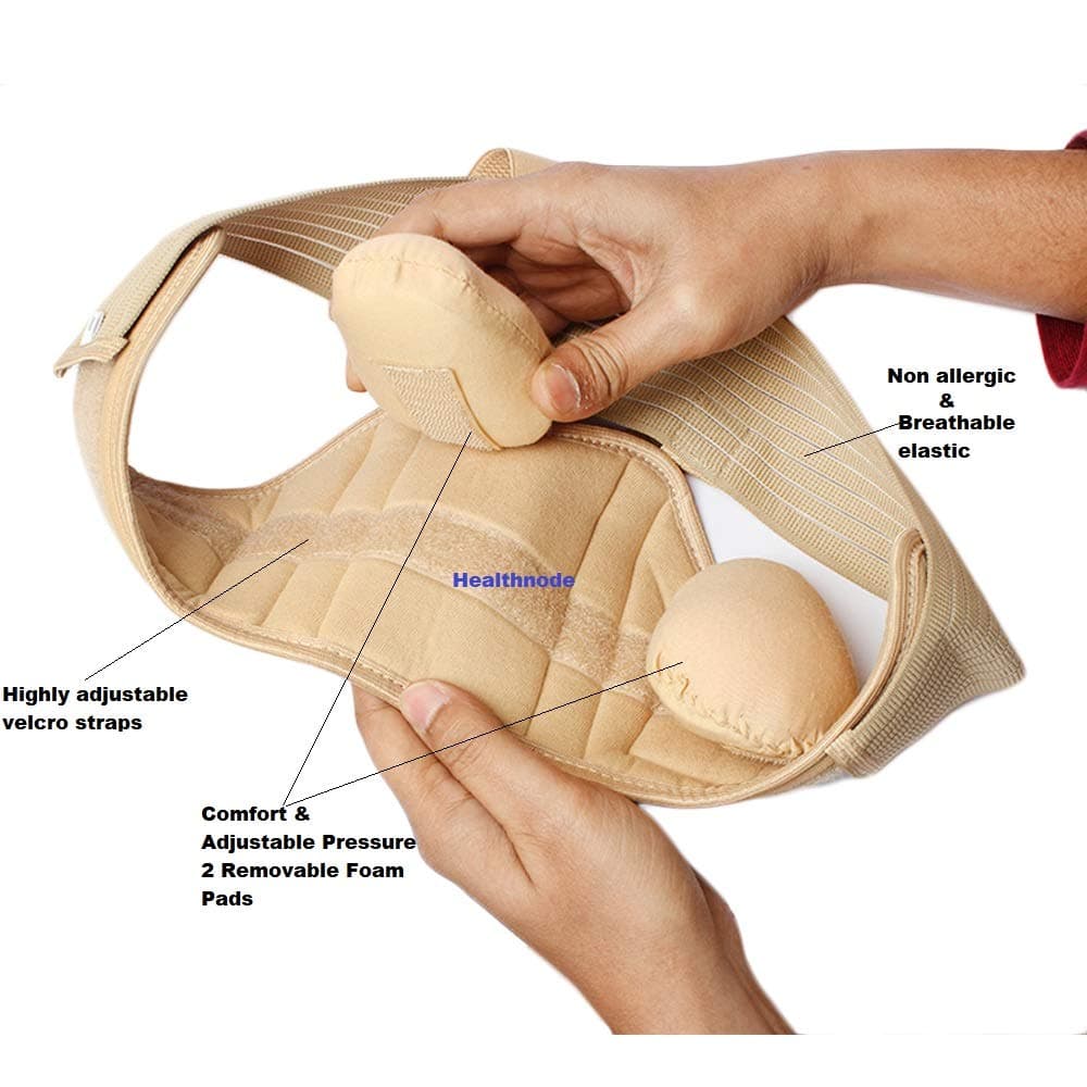 Healthnode(TM) Inguinal Hernia Belt for Men Post Surgery Hernia Pain Relief Truss Brace for Double/Single Inguinal Superior Comfort & Adjustable Pressure 2 Removable Foam Pads (Beige, Small)