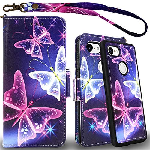 Mefon Google Pixel 3 XL Case Wallet Leather Detachable, with Tempered Glass and Wrist Strap, Enhanced Magnetic Closure, Card Slot, Kickstand, Durable Flip Folio Cases for Pixel 3 XL (Butterfly 2)