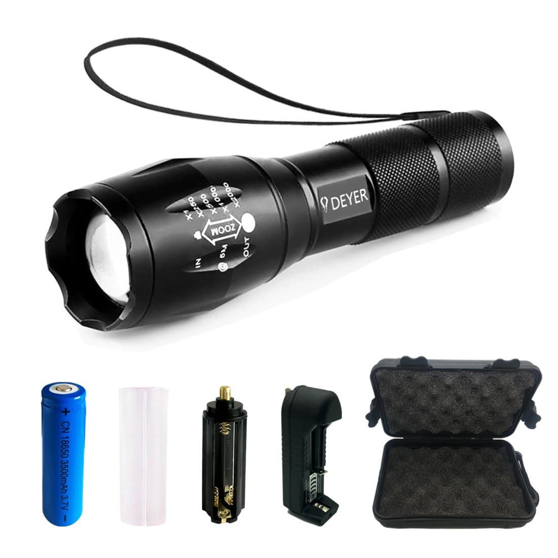 Tactical LED Flashlight, Super Bright 1200 Lumen XML T6, 5 Modes Zoomable Focus Handheld Torch with Portable Box (Include Rechargeable 18650 battery and Charger)