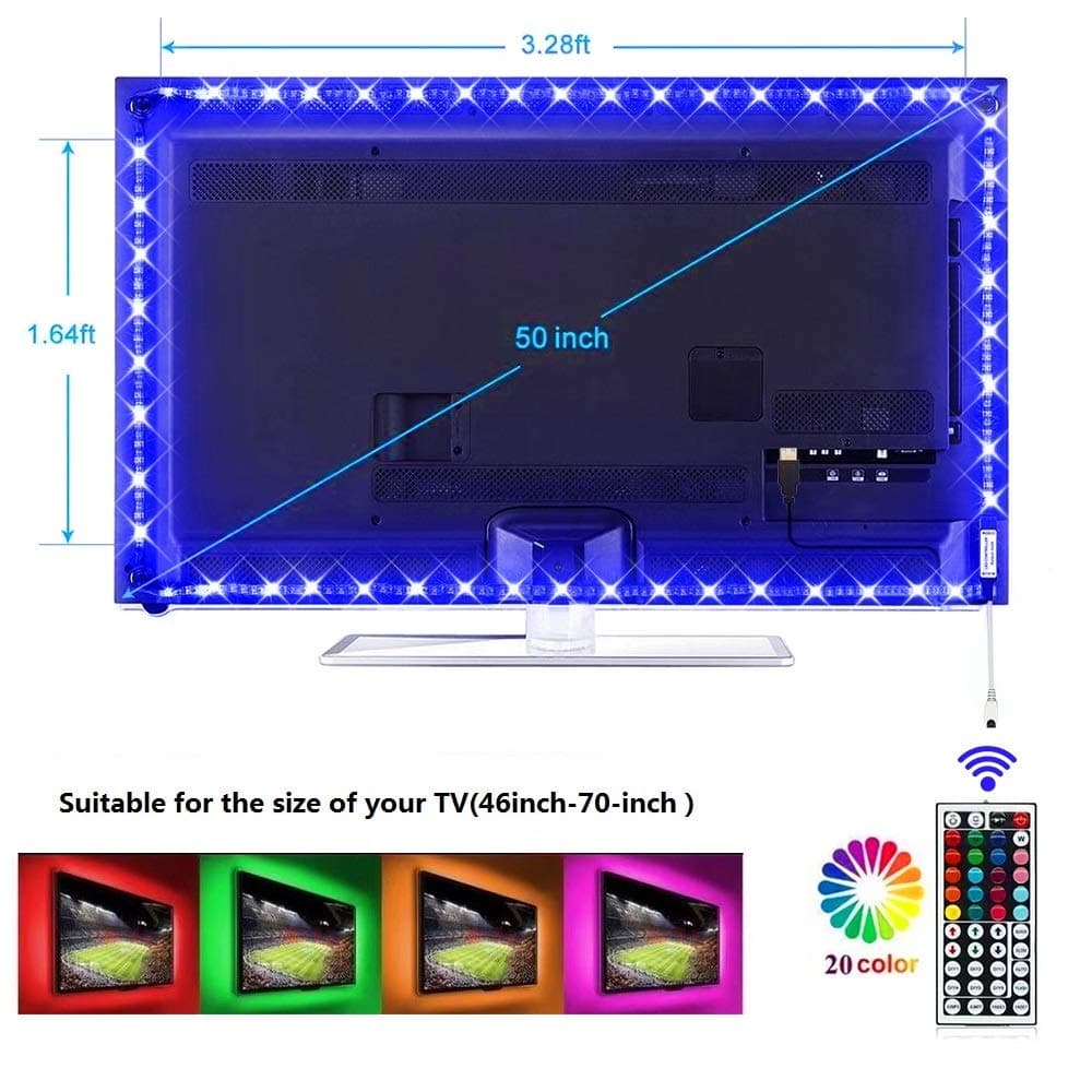 LED Strip Lights, 9.8ft USB TV Backlight Kit TV Lights 20 Color Changing 5050 LED Tape Lights with 44 Key IR Remote Controller for 46-70 inch, RGB Bias Lighting for HDTV PC Monitor Home Decoration