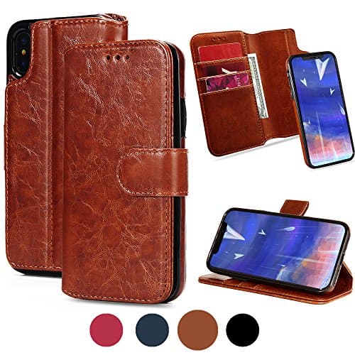 iPhone X Wallet Case with Card Holder&amp;Detachable Magnetic Slim Case, Kick-stand, Made with Premium Faux Leather-Brown By Weforever