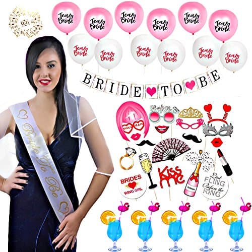COMPLETE BACHELORETTE PARTY DECORATIONS KIT | ALL YOU NEED IN THIS Classy Pack | Decorations, Favors and Supplies| Bride to be Sash &amp; Veil &amp; Team Bride Balloons &amp; 20 Photo Booth Props &amp; Banner &amp; MORE