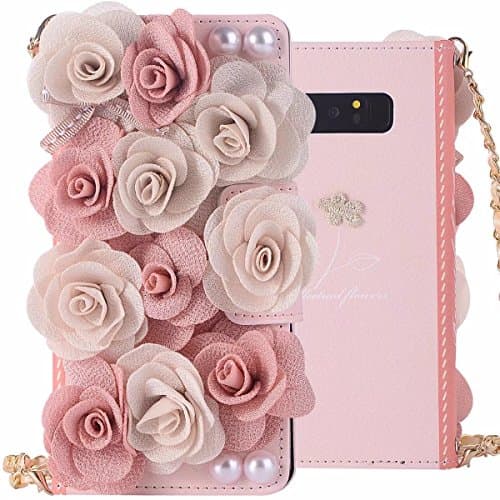Galaxy Note 8 Case, ArtMine Handmade 3D Flowers &amp; Pearl PU Leather Magnetic Lady Wallet Flip Case with Wrist Strap &amp; Card Holder Slots for SansungGalaxy Note 8