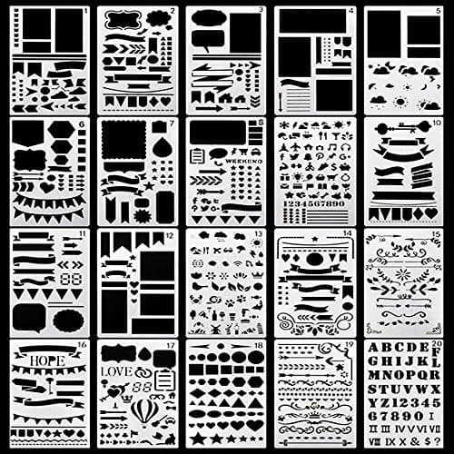Bullet Journal Stencil,DIY Drawing Template Stencil Set for Planner，Plastic Drawing Journal Planner for Notebook Diary Scrapbook Craft Projects,4×7 Inch，Set of 20
