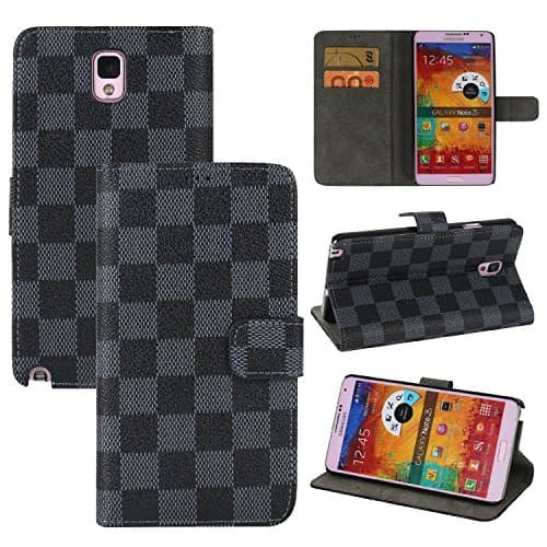 Samsung Galaxy Note 3 Case, Safodo Premium PU Leather Wallet Case Flip Cover [Kickstand Feature] [Grid Pattern] for Samsung Galaxy Note 3, [Gray/Black]