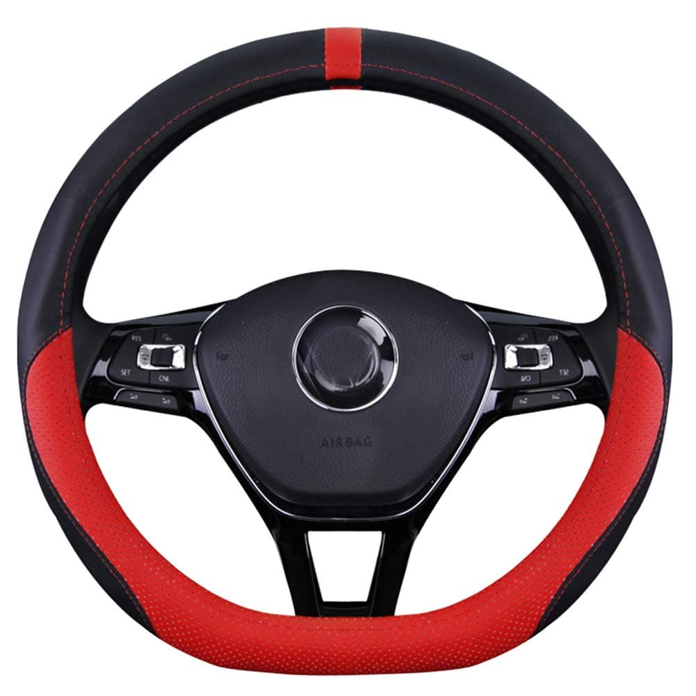 D Shaped Steering Wheel Cover,Cowhide Leather 3D Breathable Flat Bottom Shaped Steering Wheel Cover for Women Men 14.5In - 15In,Black,Red