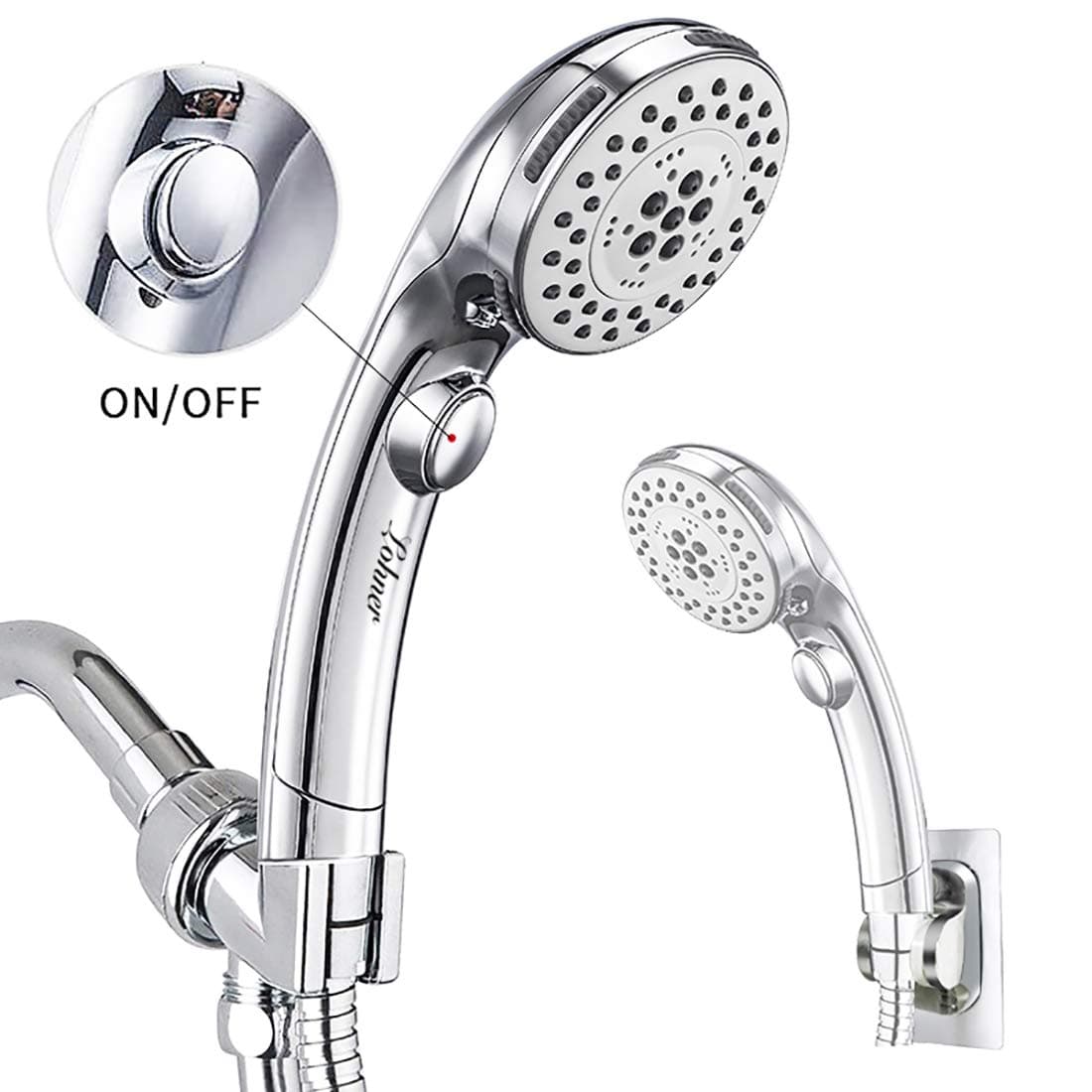 LOHNER ON/OFF Shower Kit, 5-Settings Hand Held Shower Head, with Shower Hose and Adhesive Shower Head Holder
