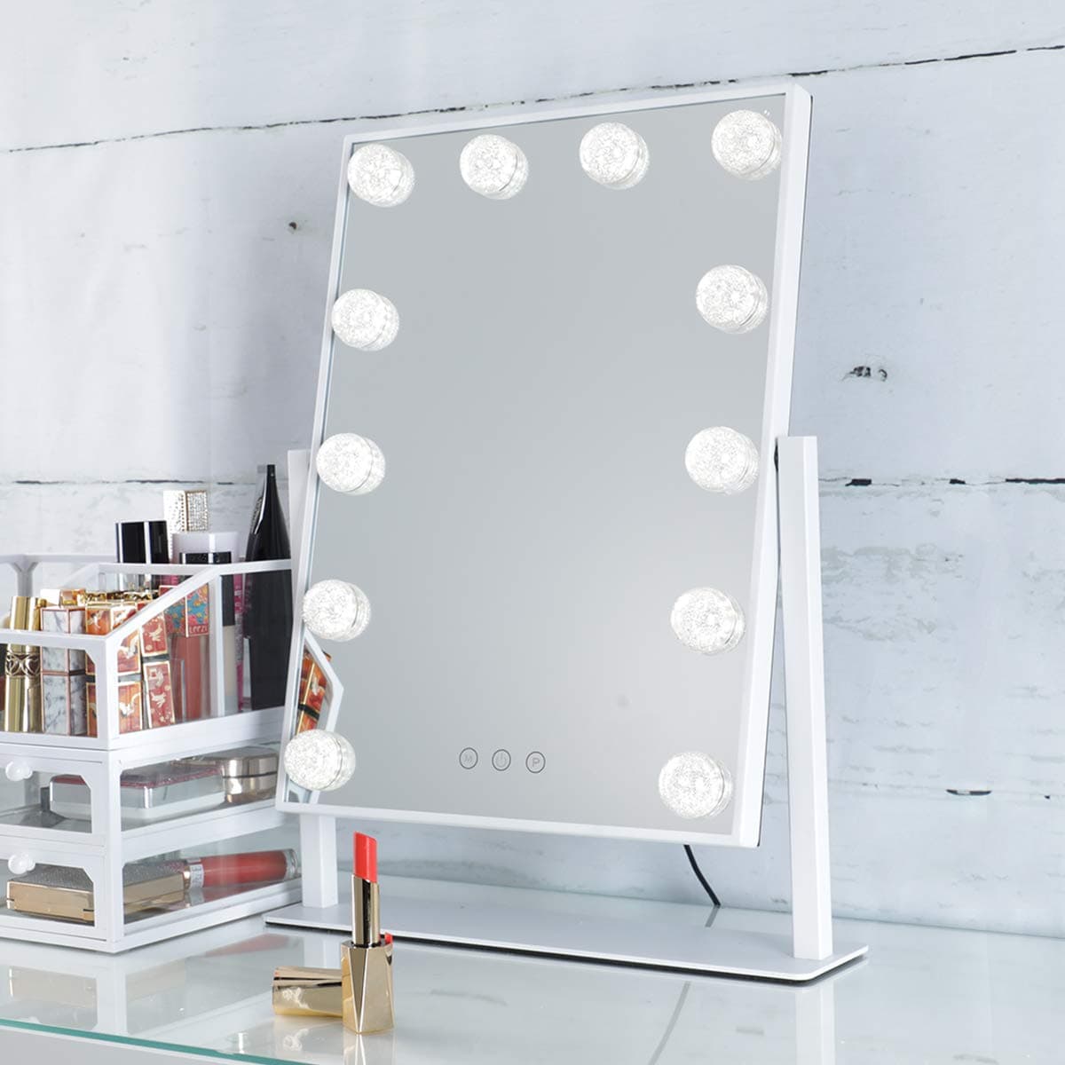 SHOWTIMEZ Lighted Vanity Mirror, Hollywood Makeup Mirror with Lights, Tabletop mirror with Touch Screen, 3 Light Modes, Brightness adjustable, 11.8 x 16.1 inch, White