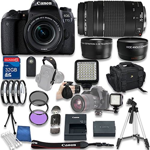 Canon EOS 77D DSLR Camera with Canon EF-S 18-55mm f/4-5.6 IS STM Lens + Canon EF 75-300mm f/4-5.6 III Lens + 32GB SD Memory Card + Accessory Bundle - International Version