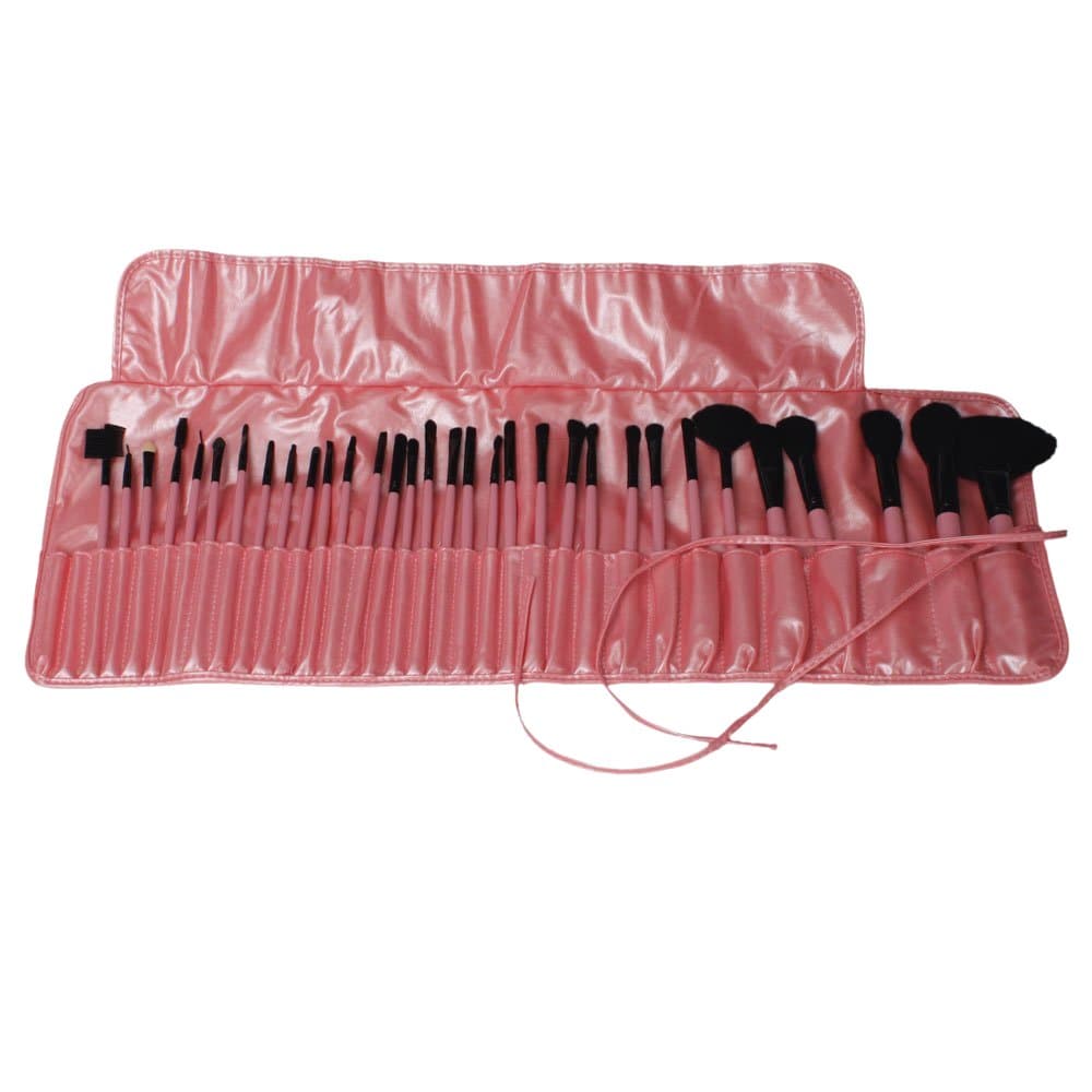 DASTAR8482; Professional Makeup Brush Set| Pro Cosmetic-32pc Studio Pro Makeup Makeup Cosmetic Brush Set Kit w/ Leather Case (Pink with Black Brush)