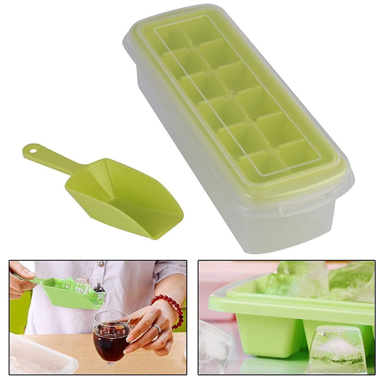 MeRaYo 12 Cubes Plastic Ice Tray for Fridge with Storage Box + Spoon + Transparent Cover Lid (Random Color)