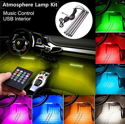 Car Interior Lights, 4Piece DC5V 72LEDs USB Auto LED Atmosphere Decor Strip Lights Multi-color Music RGB Under Dash Lighting Kit , With Sound-activated, Remote Control