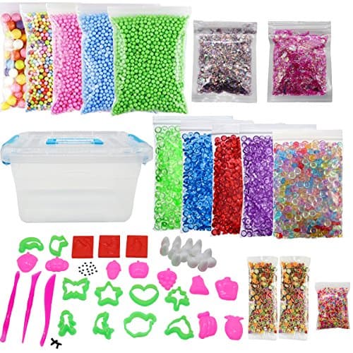 75 Pack Slime Making Kit Including Fishbowl Beads, Foam Balls, Confetti, Fruit Flower Slices, DIY Moulds, Wiggle Eyes, Slime Tools and Storage Box for Slime Making Art DIY Craft