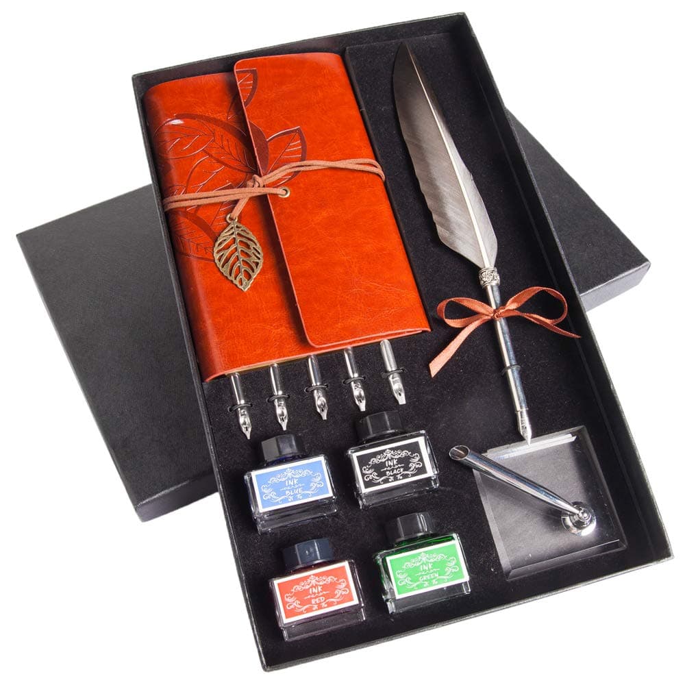 Hethrone Quill Dip Pen Calligraphy Feather Pen Ink Set with Notebook and Pen Holder in Gift Box