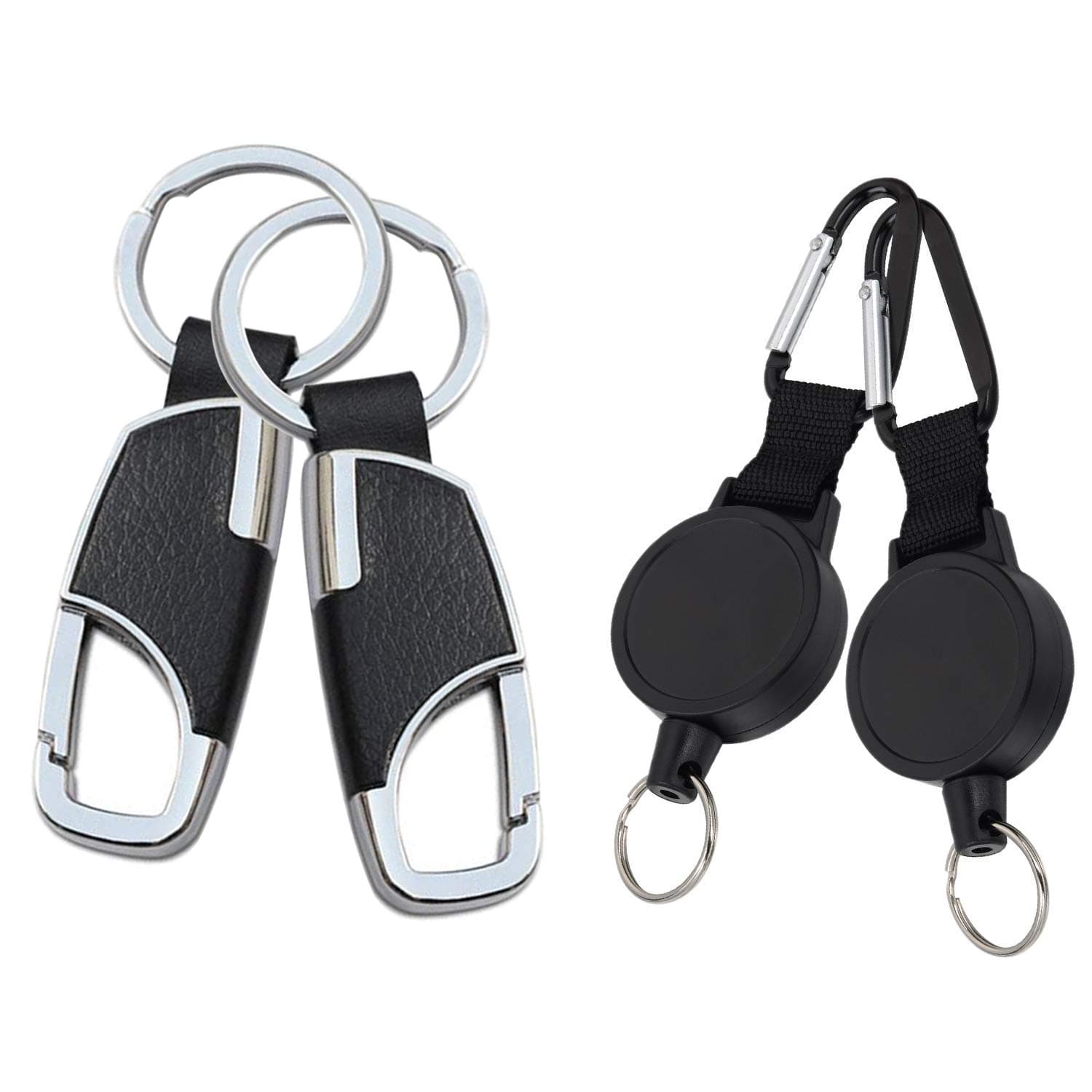 2 Pcs Retractable Key Chains Badges Reel Clip with 25 Inches Steel Wire Rope + 2 Pcs Steel Keychains Car Key Rings for Men and Women