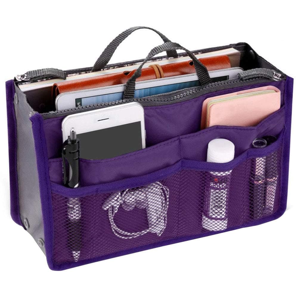 willkeywillkey Handbag Organiser Insert Expandable Liner Bag Pouch Zipper Closure Tote Organiser Diaper Bag Cosmetic Travel Bag Liner Pouch with Handle (Black) (Purple)