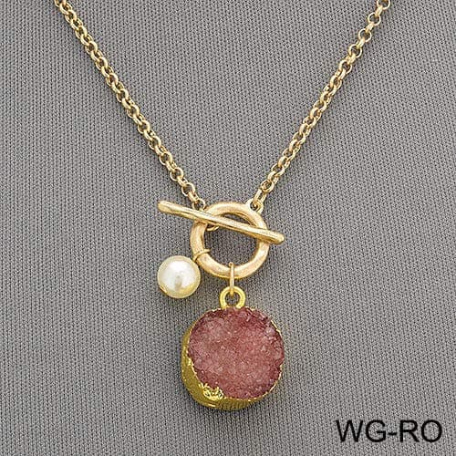 Gold Chain Bohemian Style Hammered Ring Pearl Ruby Red Druzy Stone Pendant