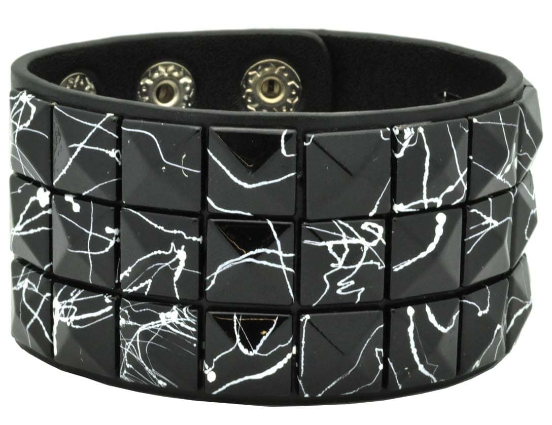 Black Line Checkered Studded Black Leather Bracelet